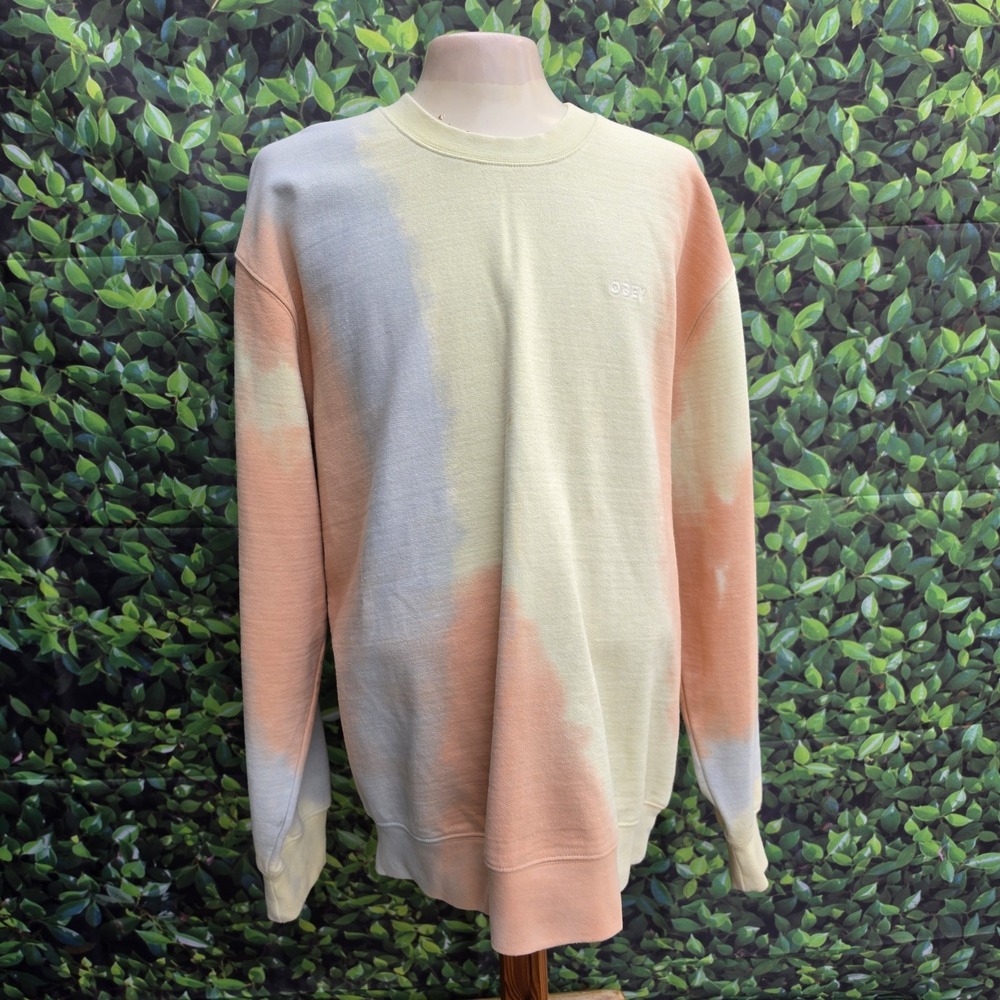 OBEY Sustainable Tie Dye Fleece Crew Sweatshirt Men's Medium Pastel Crewneck Log